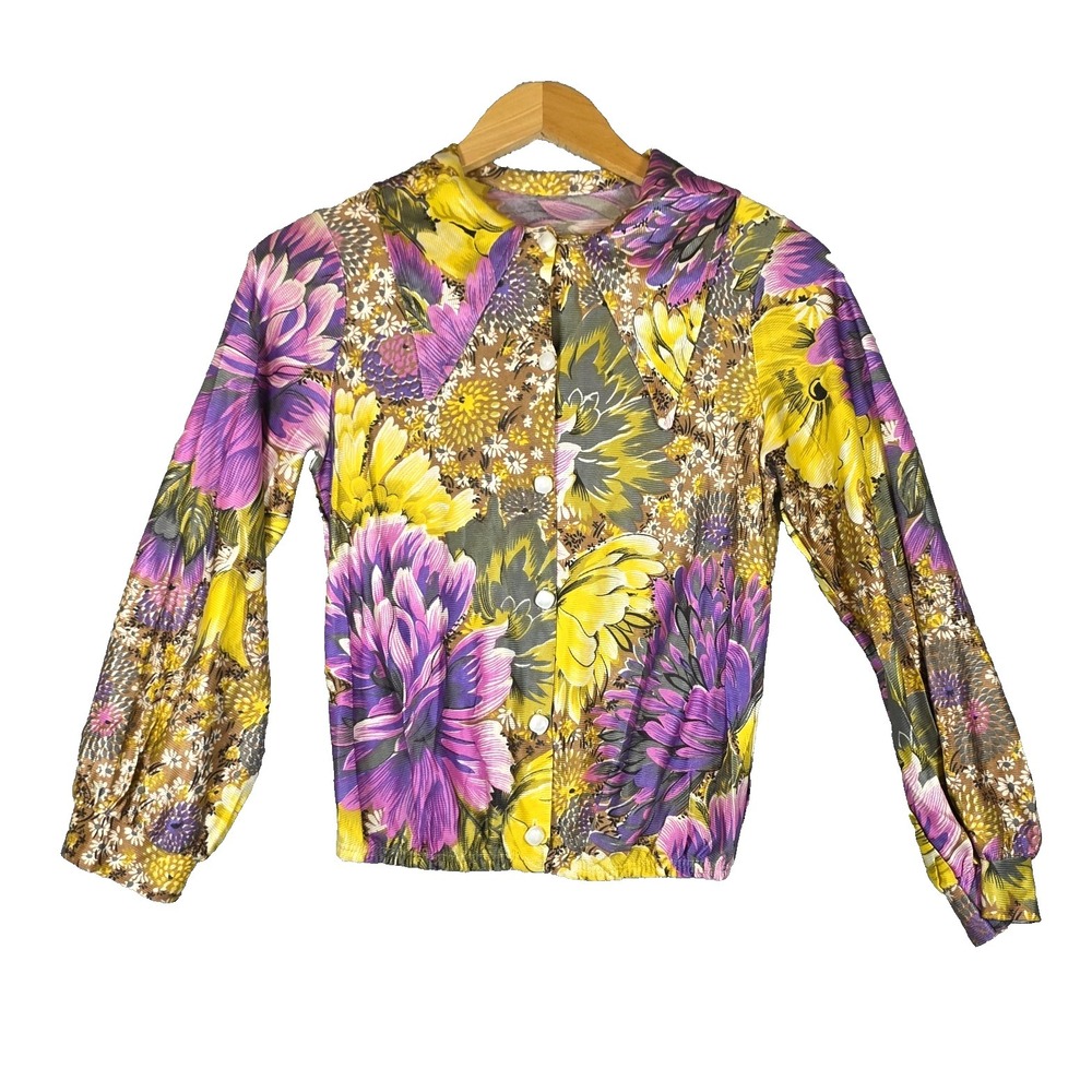 Vintage 70s Psychedelic Floral Dagger Collar Blouse | ILGWU Union Made Size‎ S